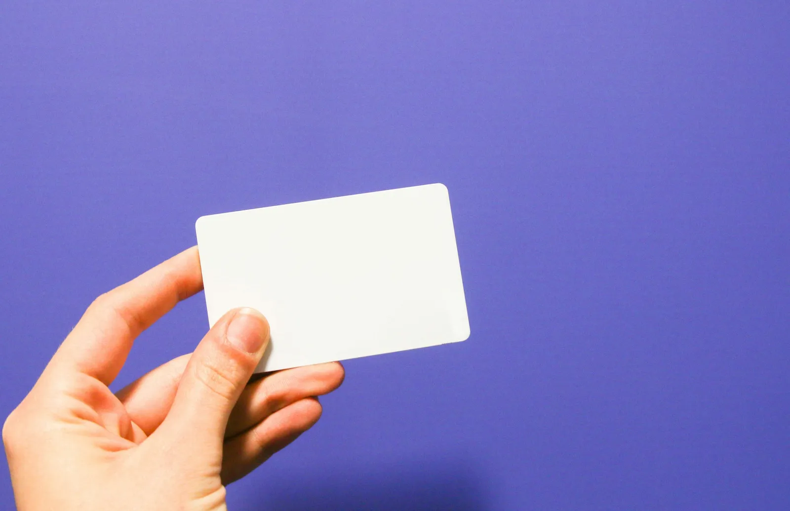 Une main tient une carte blanche vierge devant un fond violet uni.